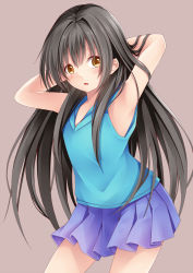 Rule 34 | 1girl, :o, armpits, arms behind head, bare arms, black hair, blue shirt, blush, brown background, brown eyes, child, commentary request, cowboy shot, creek (moon-sky), hair between eyes, highres, long hair, looking at viewer, original, parted lips, pleated skirt, purple skirt, shirt, simple background, skirt, sleeveless, sleeveless shirt, solo