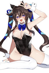 Rule 34 | 1girl, :3, alternate costume, animal ears, arm up, armpits, bare shoulders, black leotard, blue bow, blue bowtie, blush, bow, bowtie, breasts, brown hair, commentary request, detached collar, ear covers, hair between eyes, hair ribbon, highleg, highleg leotard, highres, horse ears, horse girl, horse tail, kaoru (h8qm9), leotard, looking at viewer, medium breasts, multicolored hair, multicolored nails, nontraditional playboy bunny, on ground, purple eyes, ribbon, simple background, sitting, smile, solo, strapless, strapless leotard, streaked hair, tail, thighhighs, twintails, umamusume, vivlos (umamusume), w, white background, white hair, white thighhighs, wrist cuffs, yokozuwari