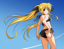 Rule 34 | 1girl, achanpuni, adjusting clothes, adjusting swimsuit, bikini, black bikini, blonde hair, blue sky, breasts, contrail, fate testarossa, feet out of frame, from behind, hair ribbon, highres, long hair, looking at viewer, looking back, lyrical nanoha, mahou shoujo lyrical nanoha, red eyes, ribbon, side-tie bikini bottom, sky, small breasts, solo, standing, swimsuit, twintails