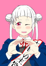 Rule 34 | 1girl, ;), arashi chisato, artist name, artist request, blue cardigan, blue jacket, blush, bow, bowtie, breasts, buttons, cardigan, close-up, collared shirt, cropped jacket, double bun, dress, dress shirt, female focus, grey shirt, hair bun, hair tie, heart, heart hands, highres, jacket, long hair, long sleeves, looking at viewer, love live!, love live! superstar!!, neck ribbon, one eye closed, parted lips, pink background, red bow, red eyes, red ribbon, ribbon, sash, school uniform, shirt, smile, solo, twintails, upper body, white hair, white sash, white shirt, wing collar, wink, yuigaoka school uniform