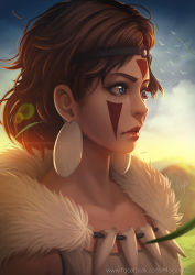 Rule 34 | 1girl, artist name, blue eyes, blurry, brown hair, closed mouth, depth of field, disk earrings, earrings, evening, eyelashes, facebook username, facepaint, jewelry, lips, looking afar, magion02, mononoke hime, necklace, outdoors, san (mononoke hime), short hair, signature, solo, sunlight, tooth necklace, watermark, web address