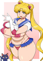 Rule 34 | 1girl, alternate breast size, areola slip, ass, bishoujo senshi sailor moon, blonde hair, blue eyes, bra, breasts, cameltoe, cat, choker, cleavage, cleft of venus, covered erect nipples, crossed arms, curvy, ear piercing, elbow gloves, female focus, gloves, hand gesture, headgear, heart, heart choker, highres, huge ass, huge breasts, large areolae, lipstick, long hair, luna (sailor moon), makeup, miniskirt, navel, otogi tetsurou, panties, piercing, pink background, puffy nipples, red bra, red panties, sailor moon, school uniform, shiny skin, skirt, smile, solo, solo focus, standing, teeth, thick thighs, thighs, tsukino usagi, underwear, walking, white background, white gloves, wide hips