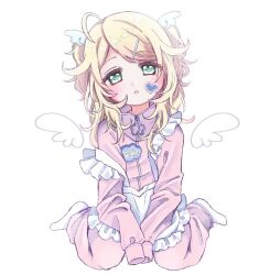 Rule 34 | 1girl, ahoge, apron, blonde hair, blush, detached wings, expressionless, full body, green eyes, h2omizu 2, hair ornament, hairclip, heart, idolmaster, idolmaster cinderella girls, long hair, looking at viewer, low twintails, messy hair, name tag, parted lips, pink track suit, simple background, sitting, sleeves past fingers, sleeves past wrists, socks, solo, twintails, wariza, white apron, white background, white socks, wing hair ornament, wings, yusa kozue