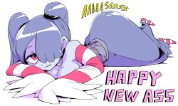 Rule 34 | 1girl, ass, bad id, bad twitter id, bare shoulders, blue skin, breast press, breasts, cleavage, colored skin, elbow gloves, english text, gloves, hair over one eye, happy new year, huge ass, inarou (rakugakiproject), light smile, looking at viewer, new year, red eyes, simple background, skullgirls, smile, solo, squigly (skullgirls), stitches, thick thighs, thighs, white background, zombie