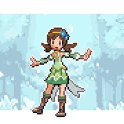 Rule 34 | 1girl, :d, bare shoulders, blue flower, brown footwear, creatures (company), dovekyle, dress, flower, game freak, green dress, hair ornament, happy, lyra (pokemon), lyra (sygna suit) (pokemon), nintendo, official alternate costume, open mouth, outstretched arms, pixel art, pokemon, pokemon masters ex, retro artstyle, sandals, smile, solo, twintails
