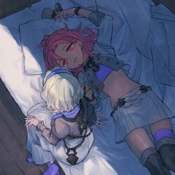 2girls arm_support blonde_hair constance_von_nuvelle dark-skinned_female dark_skin female_focus fire_emblem fire_emblem:_three_houses garreg_mach_monastery_uniform grey_jacket grey_shirt hapi_(fire_emblem) high_heels highres indoors jacket long_sleeves looking_at_another lying matching_hair/eyes multiple_girls navel nintendo on_back on_bed open_mouth pillow red_eyes red_hair shirt short_hair skirt soto white_skirt wooden_floor yuri