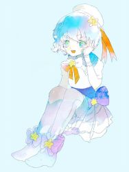Rule 34 | 1girl, bad id, bad pixiv id, blue background, blue eyes, blue hair, bow, dorothy west, frills, full body, grin, hand on own cheek, hand on own face, hat, highres, looking at viewer, matching hair/eyes, open mouth, pretty series, pripara, ribbon, short hair, simple background, smile, solo, star (symbol), tsukamoto anabone