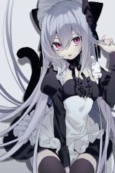 Rule 34 | 1girl, :p, animal ears, apron, between legs, black dress, black tail, black thighhighs, breasts, cat ears, cat girl, cat tail, dress, ear covers, frilled apron, frills, grey background, grey hair, hair between eyes, hand between legs, hat, highres, holding, holding own hair, juliet sleeves, long hair, long sleeves, looking at viewer, mob cap, original, pink eyes, puffy sleeves, sidelocks, sitting, small breasts, solo, striped clothes, striped dress, tail, thighhighs, tongue, tongue out, vertical-striped clothes, vertical-striped dress, white apron, yamanasi mikage, zettai ryouiki