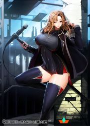 Rule 34 | 1girl, against wall, black thighhighs, blonde hair, breasts, coat, copyright name, curvy, hair ornament, huge breasts, knee up, large breasts, long hair, looking at viewer, microphone, open clothes, open coat, pointy ears, qurare magic library, red eyes, snowball22, solo, standing, thick thighs, thighhighs, thighs, wide hips, zettai ryouiki