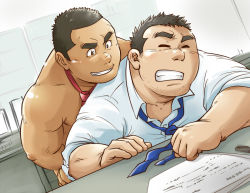 Rule 34 | 2boys, bara, blue necktie, blush, clothed male nude male, dark-skinned male, dark skin, facial hair, head on another&#039;s shoulder, implied anal, implied sex, interracial, loose necktie, male focus, mature male, multiple boys, muscular, muscular male, naked necktie, necktie, nude, office, on table, original, paper, public indecency, red necktie, salaryman, short hair, sideburns, smirk, stubble, suv (suv032), table, thick eyebrows, upper body, yaoi
