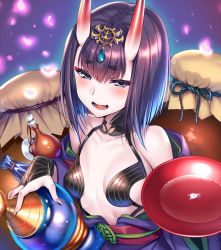 Rule 34 | 1girl, alcohol, bare shoulders, blue eyes, bob cut, breasts, collarbone, commentary request, cup, eyeliner, fang, fate/grand order, fate (series), gourd, headpiece, horns, japanese clothes, kimono, looking at viewer, makeup, obi, off shoulder, oni, open clothes, open kimono, open mouth, petals, piromizu, purple hair, purple kimono, revealing clothes, sakazuki, sake, sash, short eyebrows, short hair, shuten douji (fate), skin-covered horns, small breasts, smile, solo