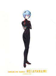 Rule 34 | 1girl, absurdres, ayanami rei, black bodysuit, blue hair, bodysuit, breasts, character name, full body, hand on own chest, highres, looking at viewer, medium breasts, neon genesis evangelion, official art, plugsuit, rebuild of evangelion, red eyes, scan, shiny clothes, simple background, smile, solo, standing, thighs