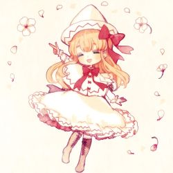 Rule 34 | 1girl, blonde hair, blush, boots, bow, closed eyes, cross-laced footwear, dress, flower, hat, lace-up boots, lily white, long hair, lowres, open mouth, smile, solo, touhou, yujup