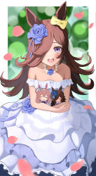 Rule 34 | 1girl, absurdres, alternate costume, animal ears, bare shoulders, bead necklace, beads, blurry, blush, bokeh, bow, breasts, brown hair, character doll, collarbone, depth of field, dress, ear bow, flower, hair flower, hair ornament, highres, horse ears, hugging doll, hugging object, jewelry, kumaro, layered dress, long hair, looking at viewer, mihono bourbon (umamusume), necklace, off-shoulder dress, off shoulder, open mouth, petals, petals on liquid, purple eyes, rice shower (longed-for scenery) (umamusume), rice shower (umamusume), small breasts, smile, solo, umamusume, upper body, white dress
