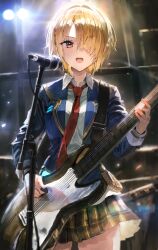 Rule 34 | 1girl, backlighting, between breasts, blonde hair, blue jacket, breasts, collared shirt, commentary request, cowboy shot, electric guitar, facing viewer, guitar, hair over one eye, hand up, heaven burns red, highres, holding, holding plectrum, instrument, jacket, kayamori ruka, long sleeves, looking ahead, medium breasts, microphone stand, music, necktie, necktie between breasts, one eye covered, open clothes, open jacket, open mouth, plaid, plaid skirt, playing instrument, pleated skirt, plectrum, red eyes, red necktie, shirt, short hair, singing, skirt, solo, sonchi, standing, straight-on, sweat, teeth, tongue, upper teeth only, white shirt, yellow skirt