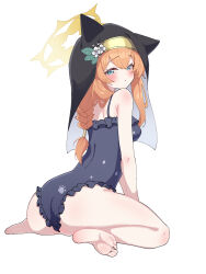 Rule 34 | 1girl, absurdres, animal ear headwear, ass, bare arms, bare legs, bare shoulders, barefoot, black hat, black one-piece swimsuit, blue archive, blue eyes, blush, braid, breasts, closed mouth, coif, fake animal ears, flower, hair between eyes, halo, hat, hat flower, highres, long hair, mari (blue archive), nun, one-piece swimsuit, orange hair, simple background, single braid, small breasts, soles, solo, swimsuit, toes, warabi mochi (w4rabimochi), white background, white flower, yellow halo