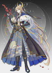 Rule 34 | 1boy, absurdly long hair, alternate costume, alternate hairstyle, arm guards, belt, black belt, black coat, black footwear, black gloves, black necktie, black ribbon, black thighhighs, blonde hair, blue capelet, blue hair, blue hakama, boots, braid, branch, capelet, closed mouth, coat, collared shirt, colored inner hair, commentary, crescent, crescent hair ornament, double-parted bangs, earrings, egasumi, elbow gloves, eyeshadow, falling petals, fingerless gloves, flower, full body, fur-trimmed capelet, fur trim, garter straps, gloves, gold trim, gradient background, green eyes, grey background, hair between eyes, hair flower, hair ornament, hair ribbon, hakama, hakama skirt, highres, holding, holding branch, japanese clothes, jewelry, lapels, long coat, long hair, long sleeves, looking at viewer, makeup, male focus, moon print, multicolored hair, necktie, open clothes, open coat, petals, pleated coat, plum blossoms, pom pom (clothes), ponytail, poshii (posy), red eyeshadow, red flower, ribbon, see-through, shirt, side braids, side slit, skirt, sleeveless, sleeveless coat, solo, standing, the tale of food, thighhighs, very long hair, white flower, white shirt, yangzhou fried rice (the tale of food)