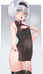 Rule 34 | 10s, 1girl, bare shoulders, black hairband, black panties, black thighhighs, blue eyes, blush, breasts, china dress, chinese clothes, cleavage, cleavage cutout, clothing cutout, dress, gradient background, grey background, hair between eyes, hair ornament, hairband, highres, k pring, looking at viewer, panties, pill, ryuuou no oshigoto!, shaded face, short hair, side-tie panties, silver hair, simple background, skindentation, sleeveless, sleeveless dress, small breasts, snowflake hair ornament, solo, sora ginko, standing, thighhighs, tongue, tongue out, underwear, white background