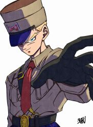 Rule 34 | 1boy, absurdres, blonde hair, blue (dragon ball), blue eyes, commentary request, dragon ball, dragon ball (classic), gloves, hat, highres, liedein, long sleeves, looking at viewer, male focus, military, military hat, military uniform, necktie, outstretched arm, outstretched hand, pov, reaching, reaching towards viewer, red necktie, red ribbon army, simple background, smile, solo, uniform