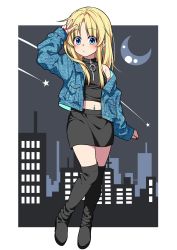Rule 34 | 1girl, absurdres, black footwear, black shirt, black skirt, blonde hair, blue eyes, blue jacket, boots, cityscape, commentary request, contemporary, crescent moon, earrings, falling star, full body, highres, jacket, jewelry, long hair, long sleeves, looking at viewer, midriff, miniskirt, moon, moriya suwako, nail polish, navel piercing, night, nora wanko, off shoulder, open clothes, open jacket, outside border, parted lips, piercing, red nails, shirt, skirt, sleeveless, sleeveless shirt, solo, standing, thigh boots, thighhighs, touhou, v, zipper