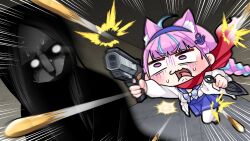 Rule 34 | anchor symbol, blue hair, blue hairband, braid, commentary request, constricted pupils, emphasis lines, firing, gun, hairband, handgun, highres, holding, holding gun, holding weapon, hololive, komainu channel, kunai, minato aqua, night security, open mouth, pantyhose, pink hair, pleated skirt, purple eyes, red scarf, reverse grip, scarf, skirt, sweat, twin braids, v-shaped eyebrows, virtual youtuber, weapon, white pantyhose