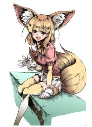 Rule 34 | 1girl, :d, absurdres, animal ears, blonde hair, blush, bootie, breasts, fennec (kemono friends), fox ears, fox tail, fur trim, ga320aaa, gloves, groin, highres, kemono friends, large ears, looking at viewer, open mouth, pleated skirt, red eyes, sitting, skirt, smile, solo, tail, teeth, thighhighs, white gloves, yellow thighhighs