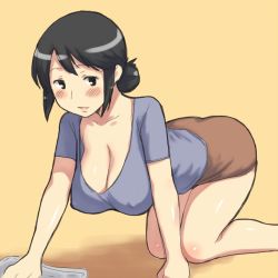 Rule 34 | 1girl, aaaa (quad-a), all fours, bad id, bad pixiv id, black eyes, black hair, breasts, cleavage, covered erect nipples, downblouse, hanging breasts, large breasts, mature female, original, simple background, solo