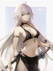 Rule 34 | 1girl, ahoge, bare shoulders, bikini, black bikini, blue background, border, bracelet, braid, breasts, character name, cleavage, collarbone, commentary, cowboy shot, fate/grand order, fate (series), grey border, hair between eyes, heroic spirit festival outfit, jeanne d&#039;arc (fate), jeanne d&#039;arc alter (fate), jeanne d&#039;arc alter (festival outfit) (fate), jewelry, katana, kyori, large breasts, long hair, looking at viewer, navel, necklace, official alternate costume, sarong, silver hair, slit pupils, smile, solo, swimsuit, sword, thighs, very long hair, weapon, white background, yellow eyes