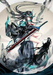 Rule 34 | 1girl, absurdres, arknights, bare shoulders, black footwear, black hair, commentary request, dragon, dragon girl, dragon horns, dragon tail, dress, dusk (arknights), expressionless, floating hair, full body, highres, holding, holding sword, holding weapon, horns, long hair, looking at viewer, mountain, multicolored hair, necktie, pointy ears, red eyes, red necktie, sanamisa, shoes, sitting, solo, streaked hair, sword, tail, weapon