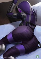 Rule 34 | 1girl, alien, ass, bed, bodysuit, breasts, helmet, looking at viewer, looking back, lying, mass effect (series), mass effect 1, medium breasts, nextoad, on side, patreon username, pillow, quarian, solo, tali&#039;zorah, thighs, watermark, wide hips