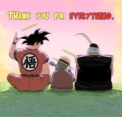 Rule 34 | 3boys, absurdres, antennae, black eyes, black hair, black headwear, black robe, blue skin, bracelet, brown jacket, closed mouth, colored skin, dougi, dragon ball, english text, grass, halo, hat, highres, jacket, jewelry, looking at another, male focus, mechanical arms, multiple boys, north kaiou, on grass, open mouth, pointing, pointing up, pointy ears, robe, round eyewear, short hair, sitting, sky, smile, son goku, spiked hair, star (sky), starry sky, straw hat, sunglasses, thirdphp, toned, toned male, toriyama akira (character), yellow halo