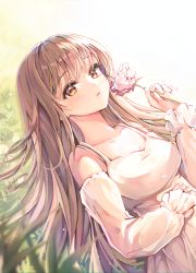Rule 34 | 1girl, bare shoulders, blunt bangs, blush, breasts, collarbone, dress, flower, frilled sleeves, frills, highres, holding, holding flower, large breasts, light brown hair, long hair, looking at viewer, lying, original, pink flower, resolution mismatch, solo, source larger, ssum (ehf dustk), white dress, yellow eyes