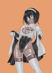 Rule 34 | 1girl, 2p (nier:automata), black hair, blindfold, breasts, cameltoe, cleavage, cleavage cutout, closed mouth, clothes lift, clothing cutout, commentary request, contrapposto, covered eyes, covered navel, cowboy shot, dark-skinned female, dark skin, facing viewer, gloves, gluteal fold, groin, hairband, head tilt, highleg, highleg leotard, highres, juliet sleeves, legs apart, leotard, lifting own clothes, long sleeves, medium breasts, mersoleil03, mole, mole under mouth, nier:automata, nier (series), open clothes, open skirt, orange background, puffy sleeves, shiny skin, short hair, simple background, skindentation, skirt, smile, solo, thighhighs, undressing, very dark skin, waist cape, white blindfold, white gloves, white hairband, white leotard, white thighhighs