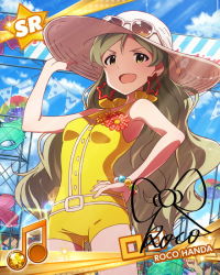 Rule 34 | &gt;:d, 10s, 1girl, :d, alternate hairstyle, beamed quavers, bracelet, brown hair, character name, character signature, earrings, hand on headwear, hand on own hip, handa roco, hat, idolmaster, idolmaster million live!, jewelry, long hair, looking at viewer, musical note, official art, one-piece swimsuit, open mouth, signature, smile, sun hat, swimsuit, v-shaped eyebrows, yellow eyes