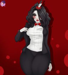 Rule 34 | 1girl, alternate costume, artist name, black hair, black pants, breasts, colored skin, highres, izanami (smite), law-zilla, long hair, pants, red background, red eyes, red ribbon, ribbon, shirt, smite, torn clothes, torn shirt, white shirt, white skin