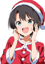 1girl absurdres alternate_costume blue_eyes capelet dress fur-trimmed_capelet fur_trim hat highres hololive kishishi_(kishiman-ya) looking_at_viewer oozora_subaru open_mouth red_capelet red_dress red_hat santa_costume santa_dress santa_hat short_hair smile solo teeth upper_teeth_only virtual_youtuber white_background