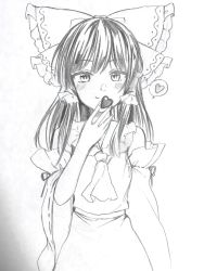Rule 34 | 1girl, ascot, bare shoulders, between fingers, blush, bow, breasts, candy, chocolate, chocolate heart, commentary, detached sleeves, food, graphite (medium), greyscale, hair bow, hair tubes, hakurei reimu, happy, heart, holding, large bow, long hair, monochrome, sketch, skirt, skirt set, small breasts, smile, solo, spoken heart, touhou, traditional media, wide sleeves, yururi nano