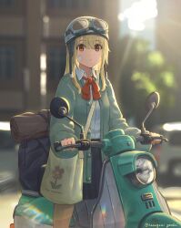 Rule 34 | 1girl, bag, bandaid, bandaid on cheek, bandaid on face, black skirt, blonde hair, blurry, brown eyes, closed mouth, collared shirt, commentary request, depth of field, facing viewer, goggles, goggles on headwear, green jacket, hair between eyes, hanagamigendai, helmet, highres, jacket, long hair, long sleeves, looking ahead, motor vehicle, motorcycle helmet, neck ribbon, on scooter, open clothes, open jacket, original, outdoors, pleated skirt, red ribbon, ribbon, school uniform, scooter, shirt, shirt tucked in, skirt, solo, standing, sunlight, sunrise, twitter username, white shirt