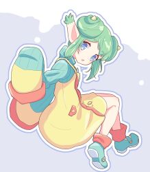 Rule 34 | 1girl, blue eyes, blue footwear, blush, double bun, dress, eyelashes, from side, green sweater, hair bun, highres, horns, jazz grace, lidelle (puyopuyo), long sleeves, open mouth, pointy ears, puyopuyo, puyopuyo fever, ribbed sweater, short hair, sleeves past fingers, sleeves past wrists, solo, sweater, yellow dress, yellow horns