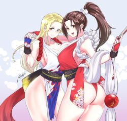 Rule 34 | 2girls, andy bogard, arm guards, artist request, ass, blonde hair, blue eyes, breast press, breasts, brown hair, fatal fury, folding fan, genderswap, genderswap (mtf), hand fan, highres, large breasts, long hair, multiple girls, non-web source, ponytail, revealing clothes, shiranui mai, snk, the king of fighters