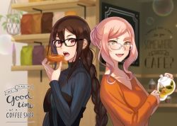 Rule 34 | 2girls, bad id, bad twitter id, braid, breasts, brown hair, cafe, casual, collarbone, commentary request, cup, dress, ear piercing, eating, english text, fang, fate/grand order, fate (series), food, glasses, hair between eyes, holding, holding food, jewelry, koyanskaya (fate), kurono kito, long hair, looking at viewer, medium breasts, multiple girls, open mouth, orange shirt, piercing, pink hair, red eyes, shirt, short hair, single braid, smile, strapless, strapless dress, tamamo (fate), teacup, teapot, teeth, turtleneck, vampire, yellow eyes, yu mei-ren (fate), yu mei-ren (first ascension) (fate)