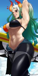 Rule 34 | 1girl, abs, absurdres, ahoge, alternate costume, aqua hair, arm behind back, arm up, armpits, bikini, bikini top only, blue sky, blush, bodysuit, breasts, cloud, curled horns, curvy, day, diving suit, earrings, echo saber, from below, from side, green hair, grey hair, heart, highres, holding, holding surfboard, hoop earrings, horns, jewelry, large breasts, lips, long hair, multicolored hair, multicolored horns, navel, one piece, oni, orange eyes, outdoors, parted lips, red horns, shiny clothes, shiny skin, skull and crossbones, sky, smile, solo, stomach, surfboard, swimsuit, thick thighs, thighs, toned, underboob, unzipped, very long hair, walking, wetsuit, wide hips, yamato (one piece), yellow horns, zipper, zipper pull tab