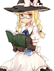 Rule 34 | &gt;:(, &gt;:/, 1girl, :/, apron, bad id, bad twitter id, bespectacled, black gloves, blonde hair, blush, book, bow, bowtie, braid, chinako1075, collared shirt, commentary, flask, frown, glasses, gloves, hat, highres, kirisame marisa, long braids, long hair, long skirt, looking at viewer, open book, potion, puffy short sleeves, puffy sleeves, reading, semi-rimless eyewear, shirt, short sleeves, skirt, solo, touhou, twin braids, v-shaped eyebrows, vest, waist apron, witch hat, yellow eyes
