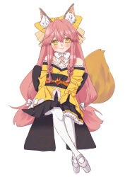 Rule 34 | 1girl, absurdres, animal ear fluff, animal ears, bare shoulders, blush, bow, fate/samurai remnant, fate (series), fox ears, fox tail, full body, highres, japanese clothes, kimono, long hair, pantyhose, pink hair, platform footwear, simple background, sitting, sleeves past fingers, sleeves past wrists, smile, solo, tail, tamamo (fate), tamamo aria (fate), white background, white pantyhose, wide sleeves, yellow eyes, yellow kimono, zonko 3