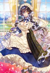 Rule 34 | 1girl, :d, age of ishtaria, apron, black hair, blue dress, blue eyes, blush, breasts, cleavage, copyright name, copyright notice, curtains, dress, frau holle (age of ishtaria), frilled apron, frilled dress, frills, hair ornament, hair ribbon, heterochromia, highres, holding, holding apron, holding clothes, huge breasts, indoors, looking at viewer, mole, mole under eye, munlu (wolupus), open mouth, ribbon, smile, solo, star (symbol), star hair ornament, white apron, white ribbon, window, yellow eyes