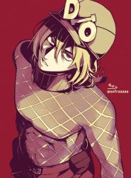 Rule 34 | 1boy, argyle, argyle clothes, argyle sweater, baseball cap, brown eyes, commentary request, covered navel, diego brando, from above, hat, highres, jojo no kimyou na bouken, looking at viewer, looking up, male focus, pants, parted lips, red background, shirt, signature, simple background, sofra, solo, spurs, standing, steel ball run, sweater, twitter username