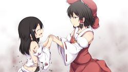 Rule 34 | 2girls, black hair, blood, bow, brown eyes, collarbone, detached sleeves, from side, hair between eyes, hair bow, hair ornament, hair tubes, hakurei reimu, holding hands, lockheart, long hair, mother and daughter, multiple girls, red bow, red shirt, red skirt, ribbon-trimmed sleeves, ribbon trim, sendai hakurei no miko, shirt, short hair, skirt, time paradox, torn clothes, torn sleeves, touhou, white skirt, aged down
