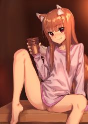 Rule 34 | 1girl, animal ears, arm support, barefoot, blunt bangs, blush, bottomless, closed mouth, collarbone, cup, fang, fang out, feet, head tilt, holding, holding cup, holo, kawakami rokkaku, leg up, legs, long sleeves, naked shirt, orange hair, red eyes, shirt, sidelocks, smile, solo, spice and wolf, spread legs, tail, toes, wolf ears, wolf tail
