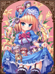 Rule 34 | &gt; &lt;, 6+girls, :d, ^ ^, absurdres, blonde hair, blue eyes, bow, chibi, closed eyes, clothes lift, contrapposto, cowboy shot, demon horns, dress, dress lift, eating, flower, frilled dress, frilled legwear, frills, garter straps, green eyes, hair bow, hair ribbon, hairband, highres, horns, lolita fashion, lolita hairband, looking at viewer, mini person, minigirl, multiple girls, open mouth, original, ponytail, rabbit, red hair, ribbon, rose, smile, standing, thighhighs, tonchan, twintails