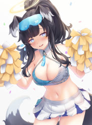 Rule 34 | 1girl, absurdres, animal ears, blue archive, blush, breasts, cheerleader, cleavage, cowboy shot, dog ears, dog tail, hibiki (blue archive), hibiki (cheer squad) (blue archive), highres, large breasts, looking at viewer, midriff, millennium cheerleader outfit (blue archive), navel, panties, panty peek, pom pom (cheerleading), pom pom (clothes), skirt, smile, solo, tail, tousaki (tousakiworks), underwear